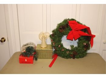 Christmas Wreath, Tree Angel, And Lights