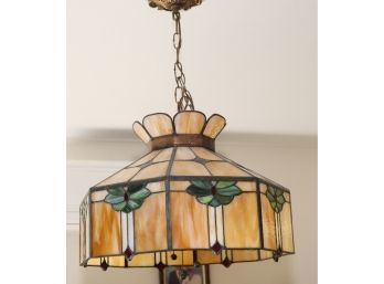 Vintage Leaded Stained Glass Holly Yellow Pendant Ceiling Light Lamp