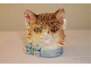 19th Century Majolica Cat Head With Blue Bow Figural Tobacco Lidded Humidor Jar (H-8)