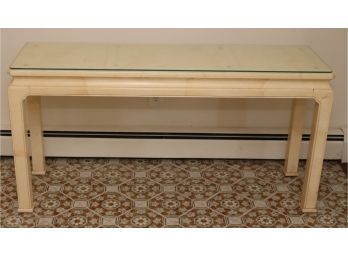 Vintage Henredon Goatskin Lacquer Chinoiserie Console Table With Glass Top. (H-35)