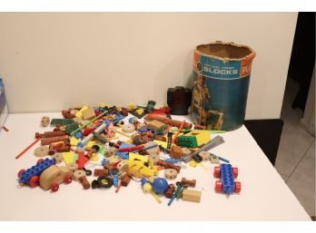 Assorted Vintage  Toy Pieces Lincoln Logs, Legos, Tinker Toys, Playskool Block Container