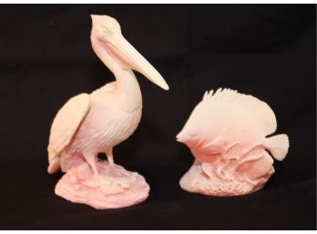 Carved  Carinia BVI Coral Pelican And Fish Figurine (P-74)
