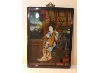 Beautiful Antique Vintage Chinese Reverse Painting On Glass Portrait Asian Woman Playing Biwa (H-24)