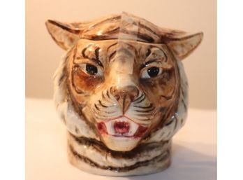 Vintage Majolica Tiger Character Head Tobacco Jar. (H-19)