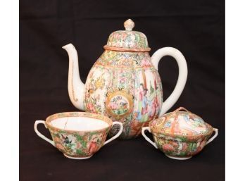 Antique Unmarked Chinese Teapot, Covered Sugar Bowl And Teacups