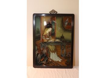 Beautiful Antique Vintage Chinese Reverse Painting On Glass Portrait Asian Woman Playing Koto (H-23)