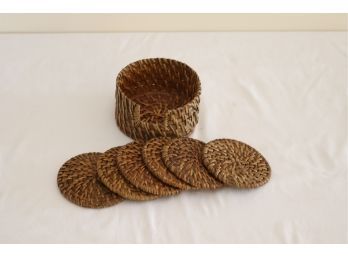 Woven Wicker Drink Coasters With Storage Caddy (S-97)