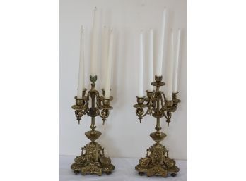 Pair Of Antique Brass 5 Candle Candelabra Candlesticks