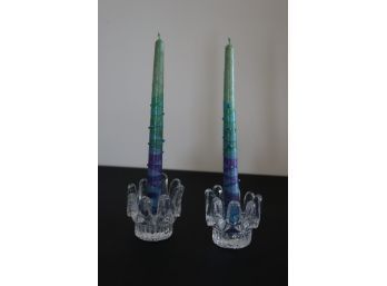 Pair Of Glass Candle Sticks With Candles (N-9)