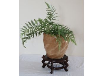 Flowerpot On Cherry Wood Stand With Faux Fern (s-105)
