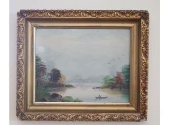 Vintage Gold Gilt Framed Painting River Boat Landscape Scene (S-29)