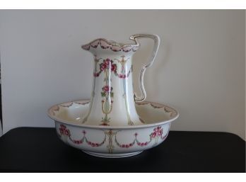 Antique Losol Ware Keeling English Porcelain Wash Set  Pitcher And Bowl  (N-8)