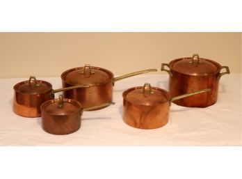 Vintage Paul Revere Limited Edition Copper Cookware Pots With Brass Handles And Lids