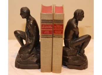 ANTIQUE BRONZE AMERICAN INDIAN BOOKENDS, THE HUNTER, W BOW & ARROW And BIRD  (D-30)