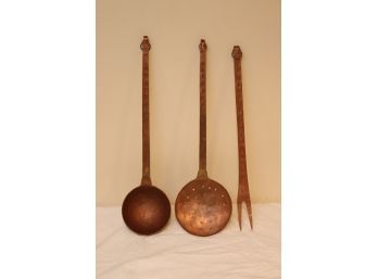 Vintage Long Handled Copper Ladle, Skimmer, And Fork (D-49)