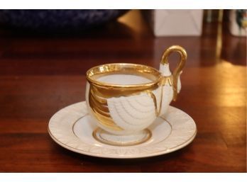 RARE Vintage Gold Bisque SWAN Porcelain TEA CUP & SAUCER Andrea By Sadek G-1224
