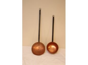 Vintage Copper Ladle And Skimmer With Long Black Iron Handles (D-48)
