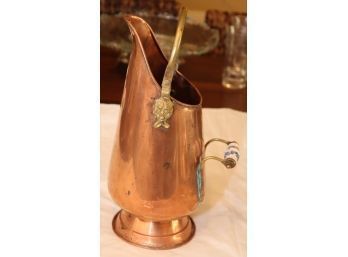 ANTIQUE COPPER AND BRASS COAL SCUTTLE WITH DELFT PORCELAIN HANDLES (G-67)