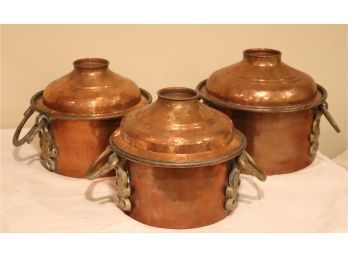 SET OF 3 ANTIQUE COVERED COPPER POTS WITH BRASS HANDLES (S-58)