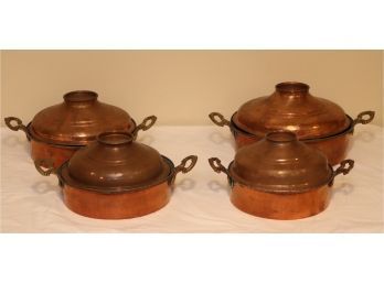 SET OF 4 ANTIQUE COVERED COPPER POTS WITH BRASS HANDLES (S-59)