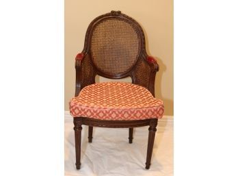 Antique Wicker Arm Chair With Upholstered Cushion And Arm Pads (d-77)