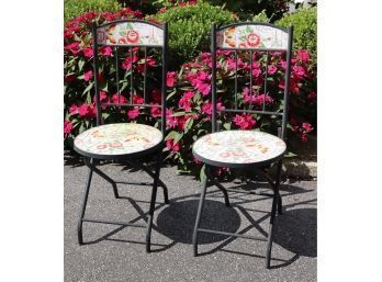 Pair Of Mosaic Tile Garden Patio Folding Chairs