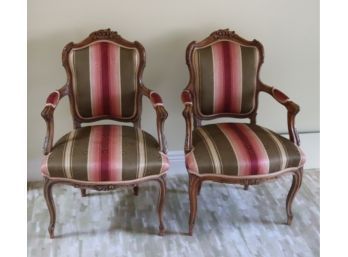 Pair Of Matching Upholstered Vintage Carved Wood Arm Chairs (F-22)