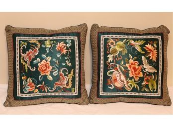 Pair Of Vintage Silk Asian Throw Pillows (b-14)