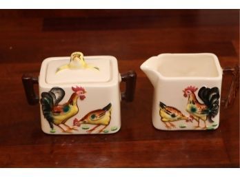 Vintage Rooster And Chicken Creamer And Sugar Bowl Hand Painted In Japan (G-36)