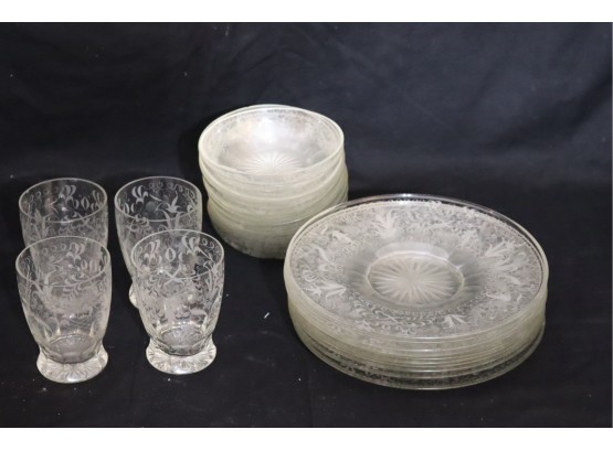 Vintage Etched Glass Plates Bowls And Glasses (D-48)