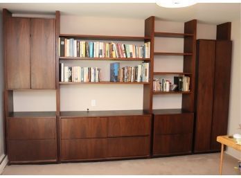 Wooden Wall Unit Built In Book Shelves Cabinets Drawers Storage