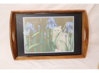 Soho Miami Wooden Serving Tray With Elizabeth Brownd Cat In Blue Iris Flowers (T-35)