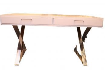 Vintage John Stuart Campaign Desk With Chrome X-base Legs Pink/ Mauve Color!  (T-40)