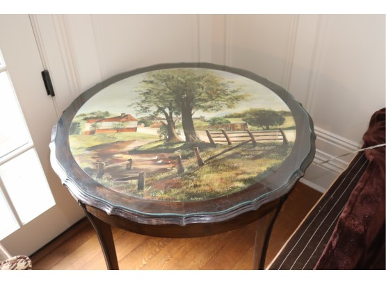 Vintage Painted Top Wooden Round Table With Glass Top (A-20)