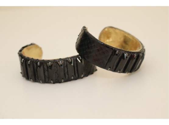 Pair Of Black Ted Rossi Snake Skin & Crystal Cuff Bracelets (P-13)