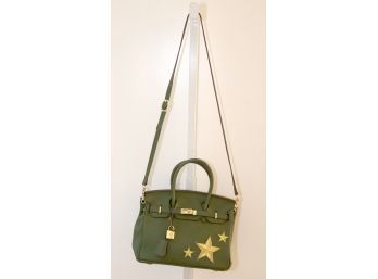 Green Pebbled Leather Handbag Purse With Embroidered Stars (p-1)