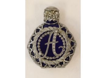 Cobalt Blue Perfume Bottle Metal Clad With Initial 'A'. (A-98)