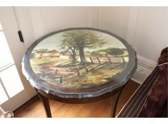 Vintage Painted Top Wooden Round Table With Glass Top (A-20)