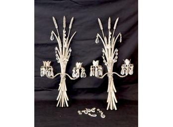 Pair Of Metal Wheat Wall Mounted Candelabras With Crystals (B-24)
