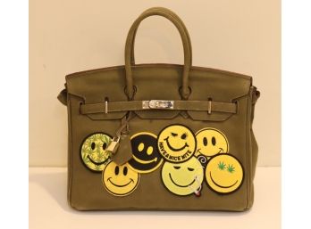 Green Birkin Style Handbag Purse With Smiley Face Happy Weed Guys!