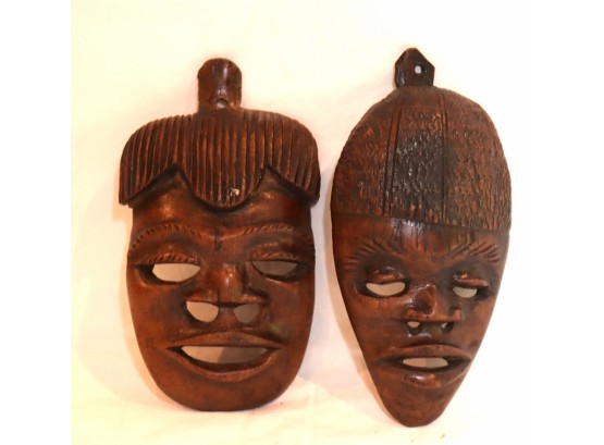 Pair Of Vintage Hand Carved African Mask Folk Art Wall Decor (K-57)