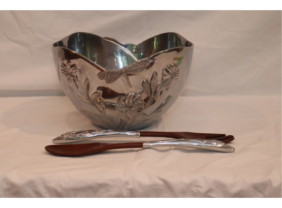 Lenox Aluminum BUTTERFLY MEADOW 12' Salad Serving Bowl Floral Dragonfly Metal W Serving Fork Spoon (K1)