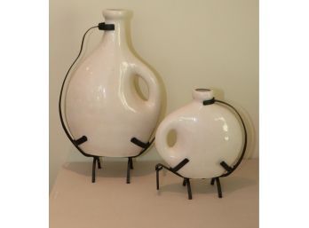 Vintage White Ceramic Jugs On Iron Stands (A-100)