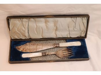 Antique Fish Knife And Fork Serving Set In Box Mother Of Pearl Handles MOP (K-41)