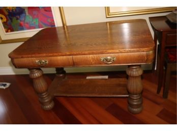 Antique Tiger Oak 2 Drawer Table With Turned Legs