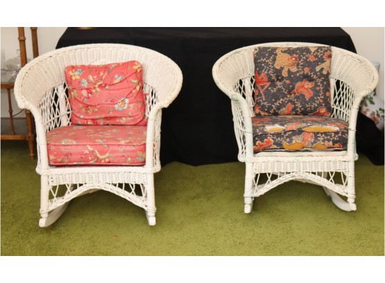 Pair Of Vintage White Wicker Rocking Chairs With Cushions   (G-31)