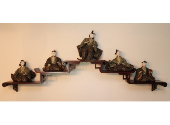 5 Antique Japanese Hina Musician Dolls Circa 1850 With Display Shelf  (H-34)