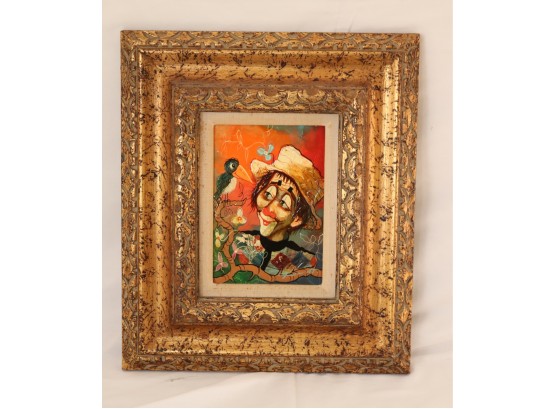 Vintage Clown Painting Signed In Hand Carved Frame (P-3)