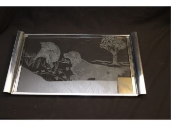 Clear Glass Serving Tray Etched Golden Retrievers Chrome Handles