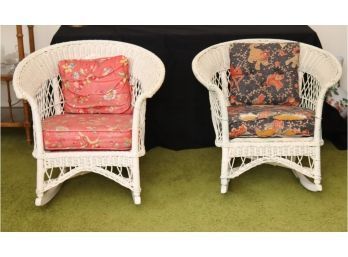 Pair Of Vintage White Wicker Rocking Chairs With Cushions   (G-31)